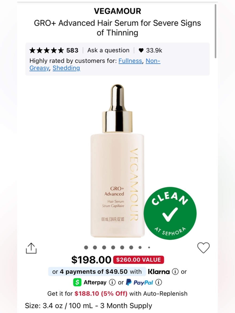 Vegamour GRO+ Advanced Hair Serum — 100 mL 3 month supply